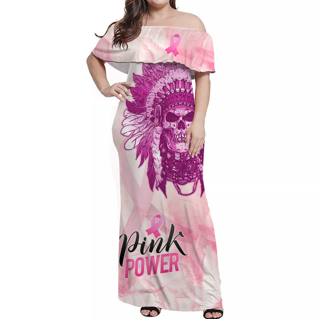 pink-power-breast-cancer-off-shoulder-long-dress-never-give-up-native-american-skull