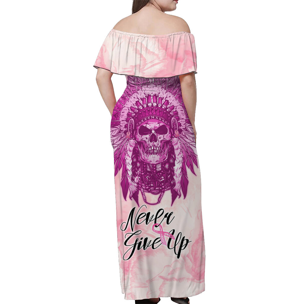 pink-power-breast-cancer-off-shoulder-long-dress-never-give-up-native-american-skull