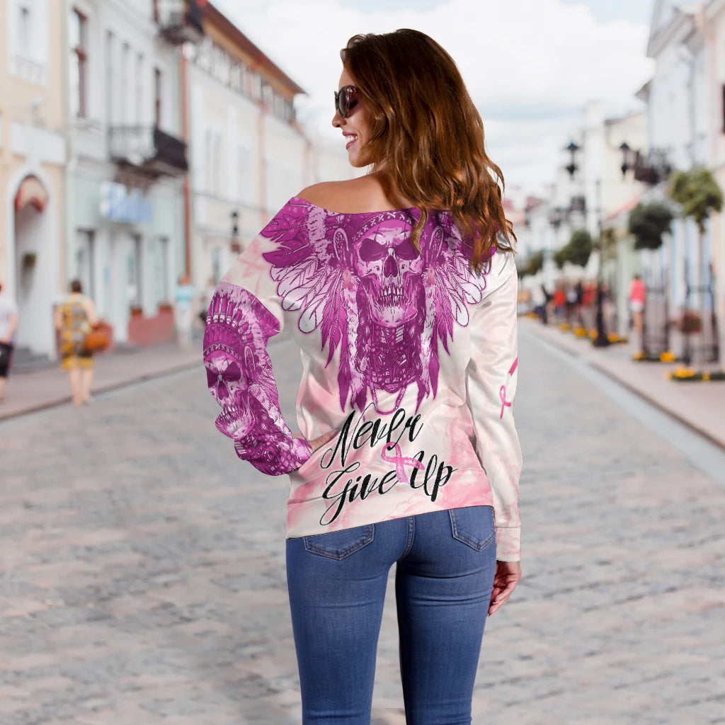 pink-power-breast-cancer-off-shoulder-sweater-never-give-up-native-american-skull