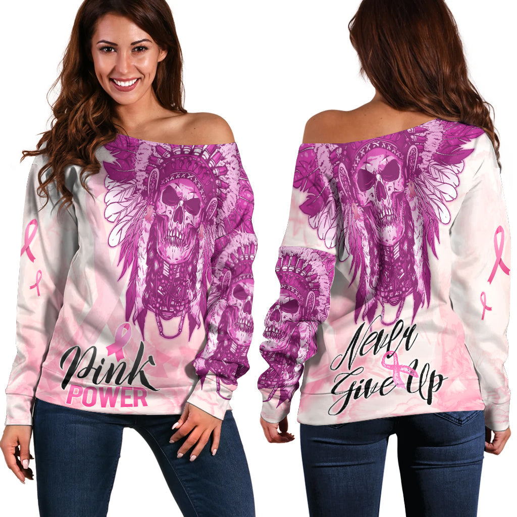 pink-power-breast-cancer-off-shoulder-sweater-never-give-up-native-american-skull