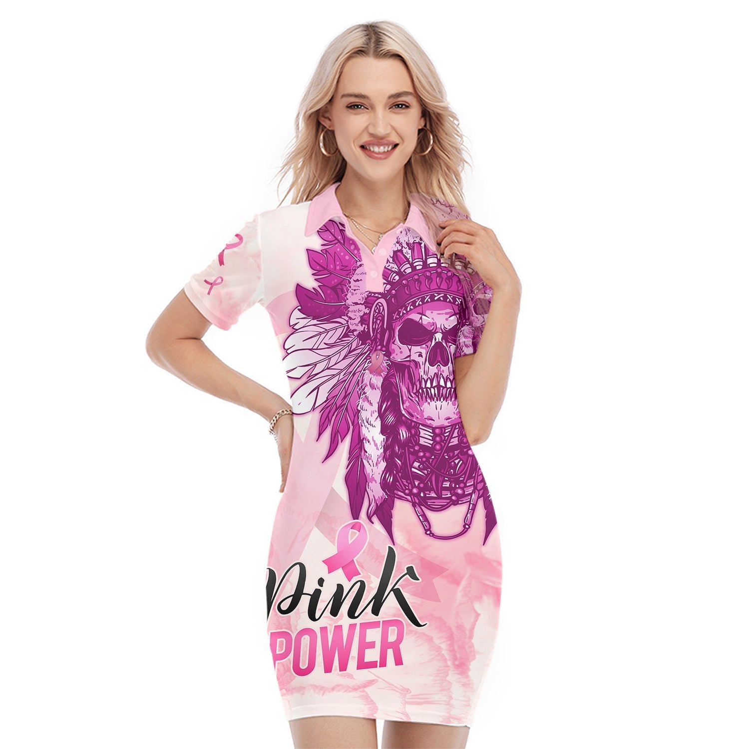 pink-power-breast-cancer-polo-dress-never-give-up-native-american-skull