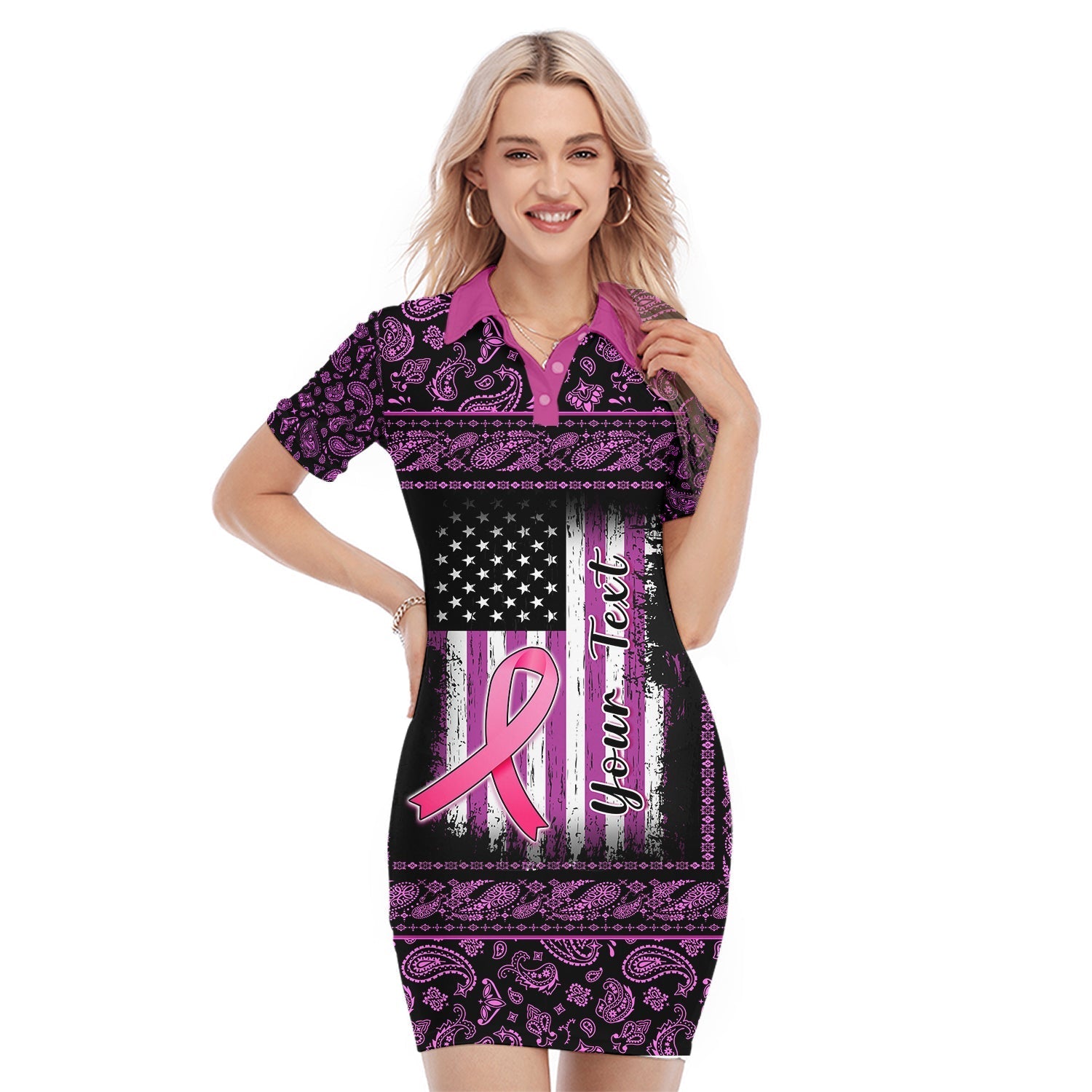 custom-personalised-breast-cancer-polo-dress-black-paisley-pattern-in-october-we-wear-pink