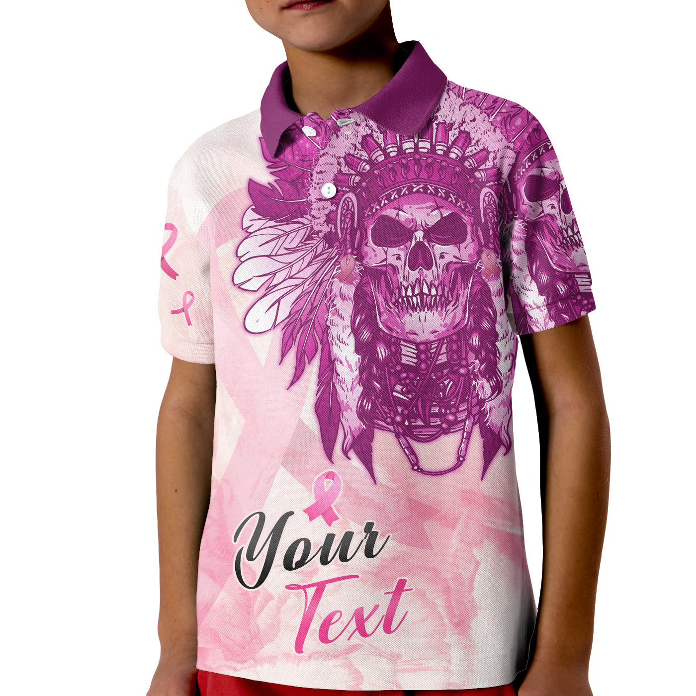 custom-personalised-pink-power-breast-cancer-polo-shirt-kid-never-give-up-native-american-skull