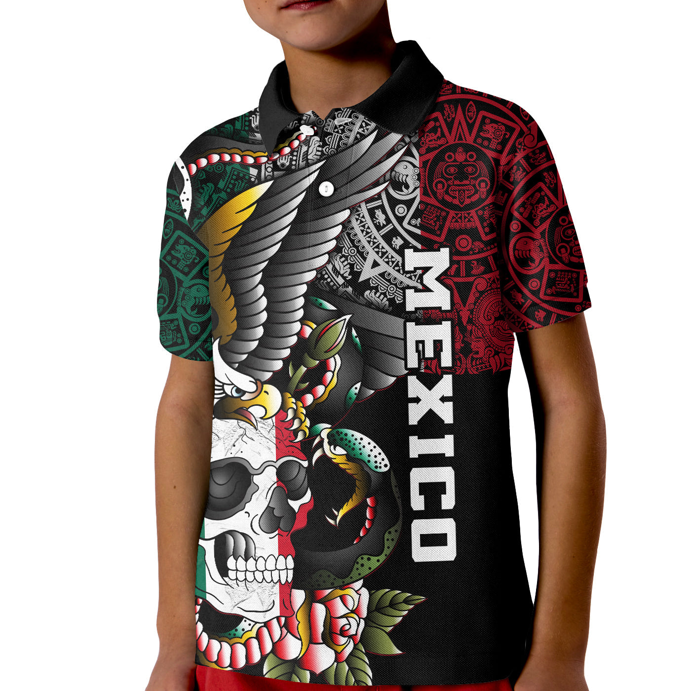 mexico-polo-shirt-kid-mexican-skull-eagle-with-angry-snake