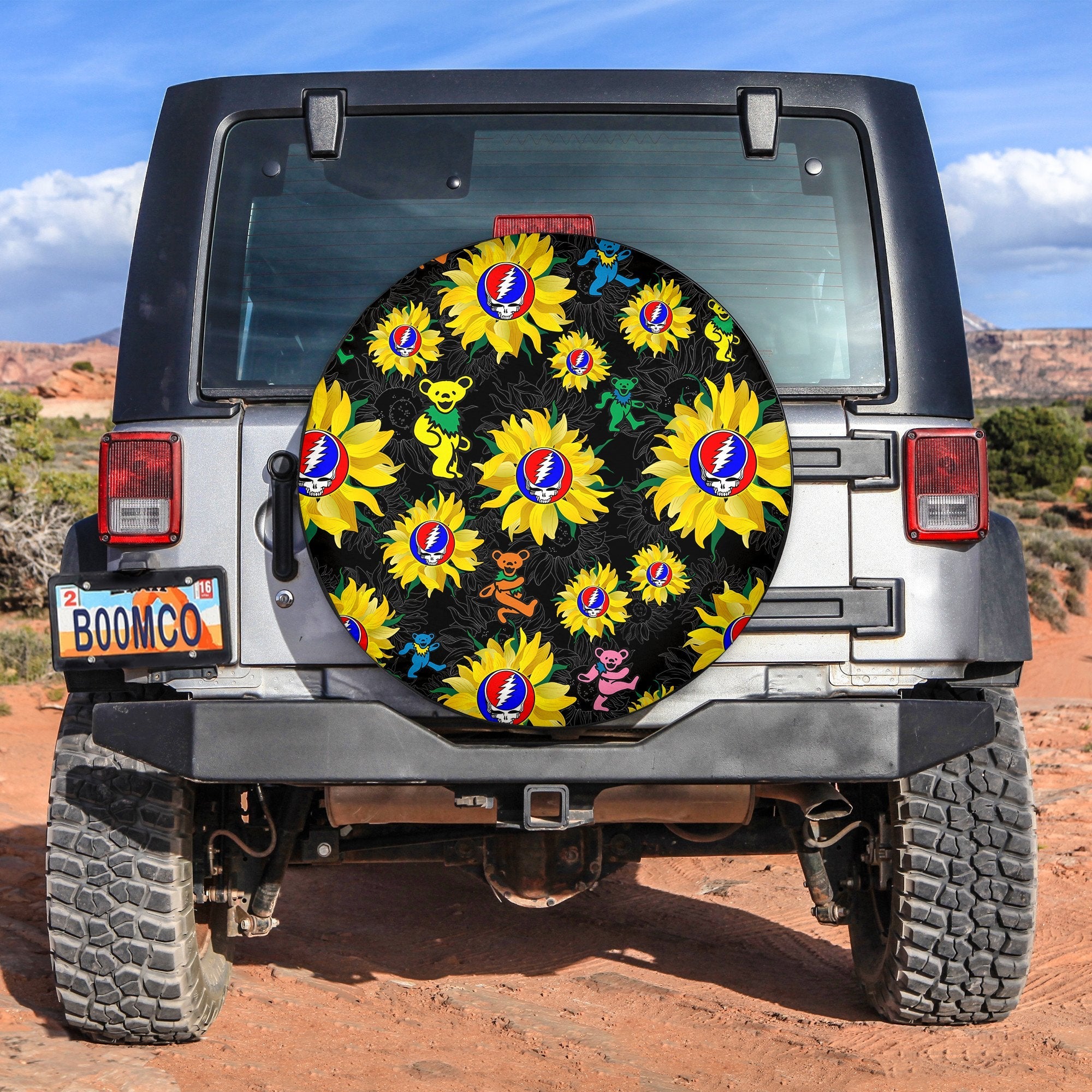 grateful-dead-spare-tire-cover-bears-dancing-in-sunflowers-garden