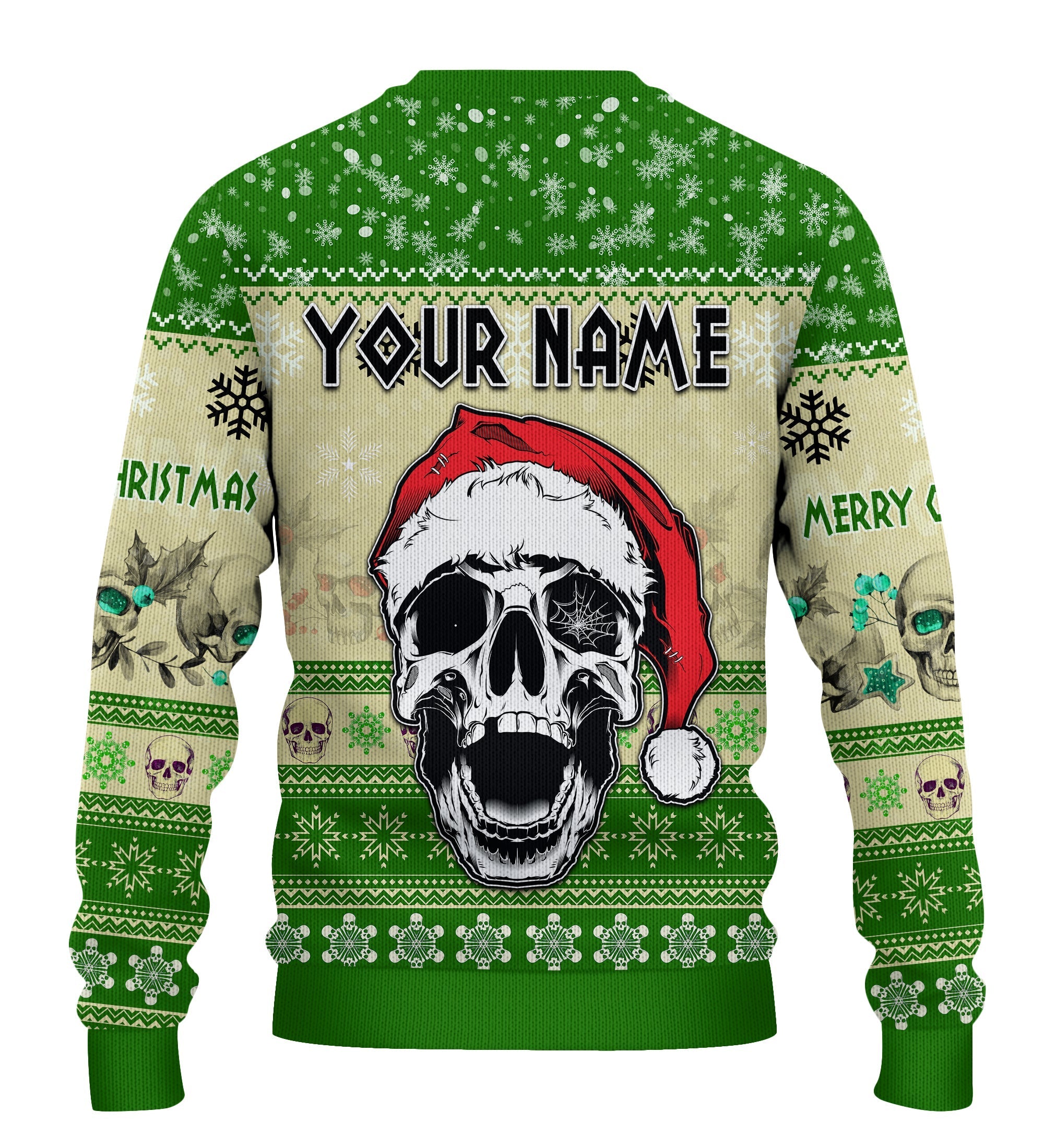 custom-personalised-merry-christmas-gothmas-sweater-scare-skull-green