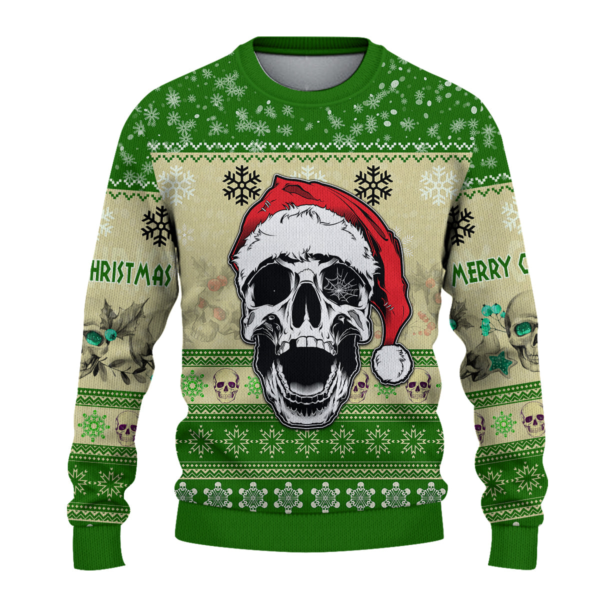 custom-personalised-merry-christmas-gothmas-sweater-scare-skull-green