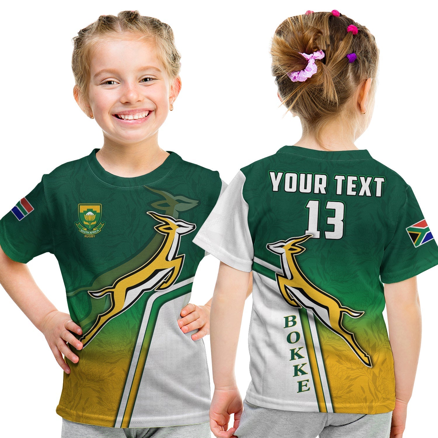 custom-text-and-number-south-africa-rugby-t-shirt-kid-protea-flower-springboks-go-bokke