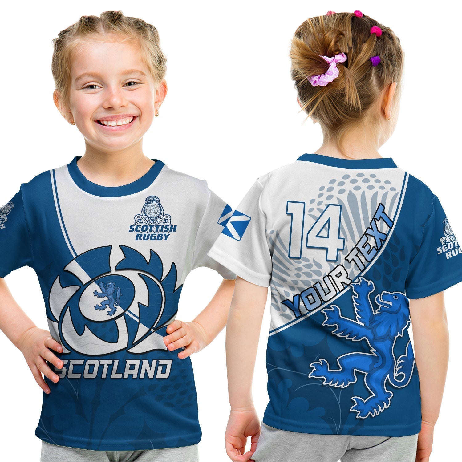 custom-text-and-number-scotland-rugby-t-shirt-kid-scottish-coat-of-arms-mix-thistle-newest-version