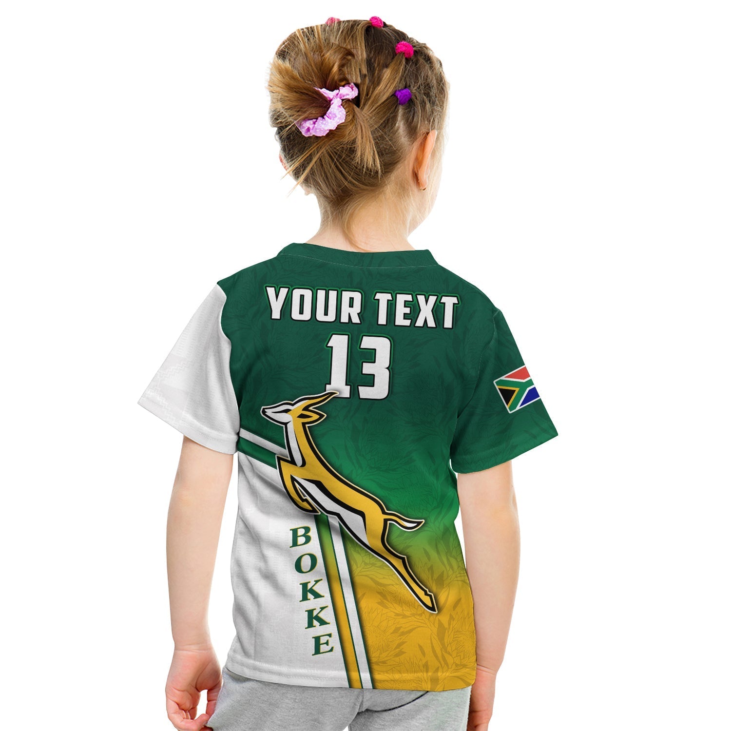 custom-text-and-number-south-africa-rugby-t-shirt-kid-protea-flower-springboks-go-bokke