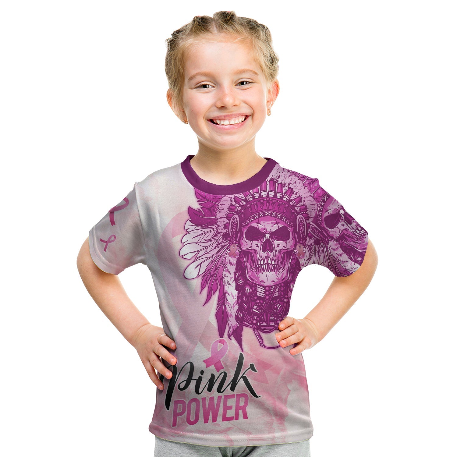 pink-power-breast-cancer-t-shirt-kid-never-give-up-native-american-skull