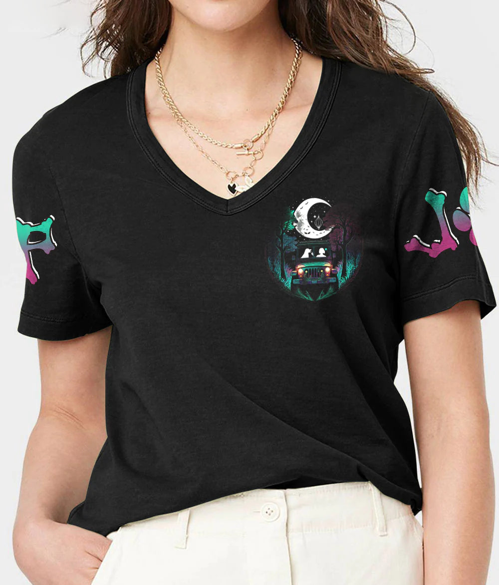 a-girl-her-dog-and-her-jeep-moonlight-women-v-neck-t-shirt