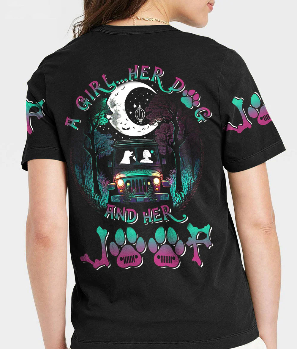 a-girl-her-dog-and-her-jeep-moonlight-women-v-neck-t-shirt