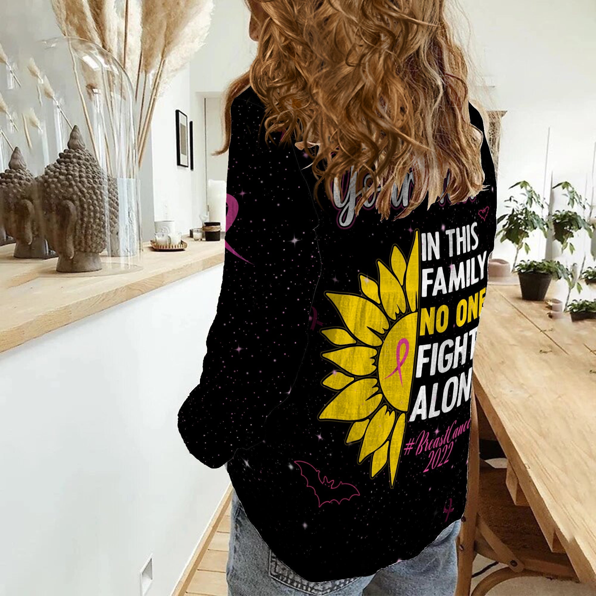 custom-personalised-breast-cancer-women-casual-shirt-sunflower-in-this-family-no-one-fights-alone-black
