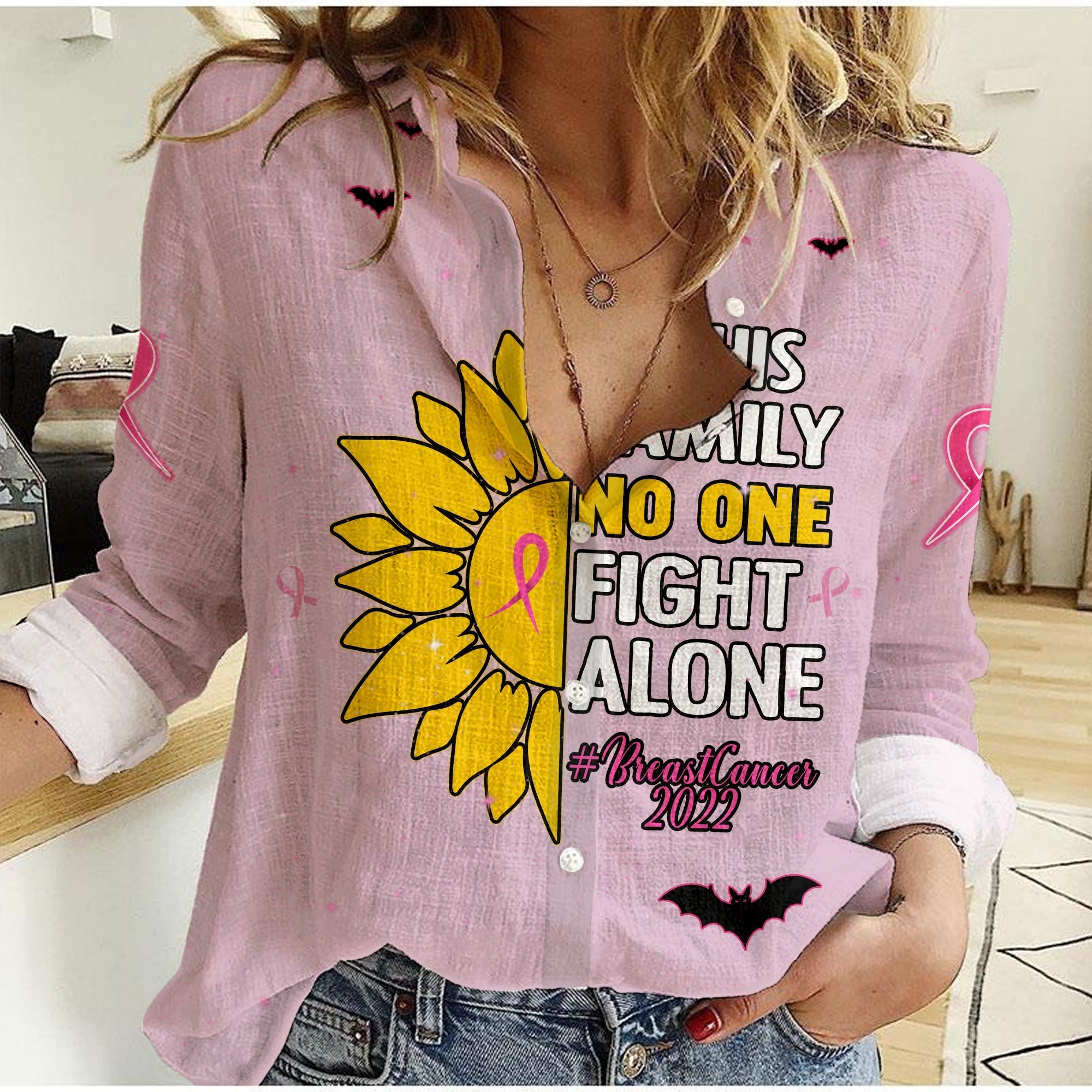 custom-personalised-breast-cancer-women-casual-shirt-sunflower-in-this-family-no-one-fights-alone-pink