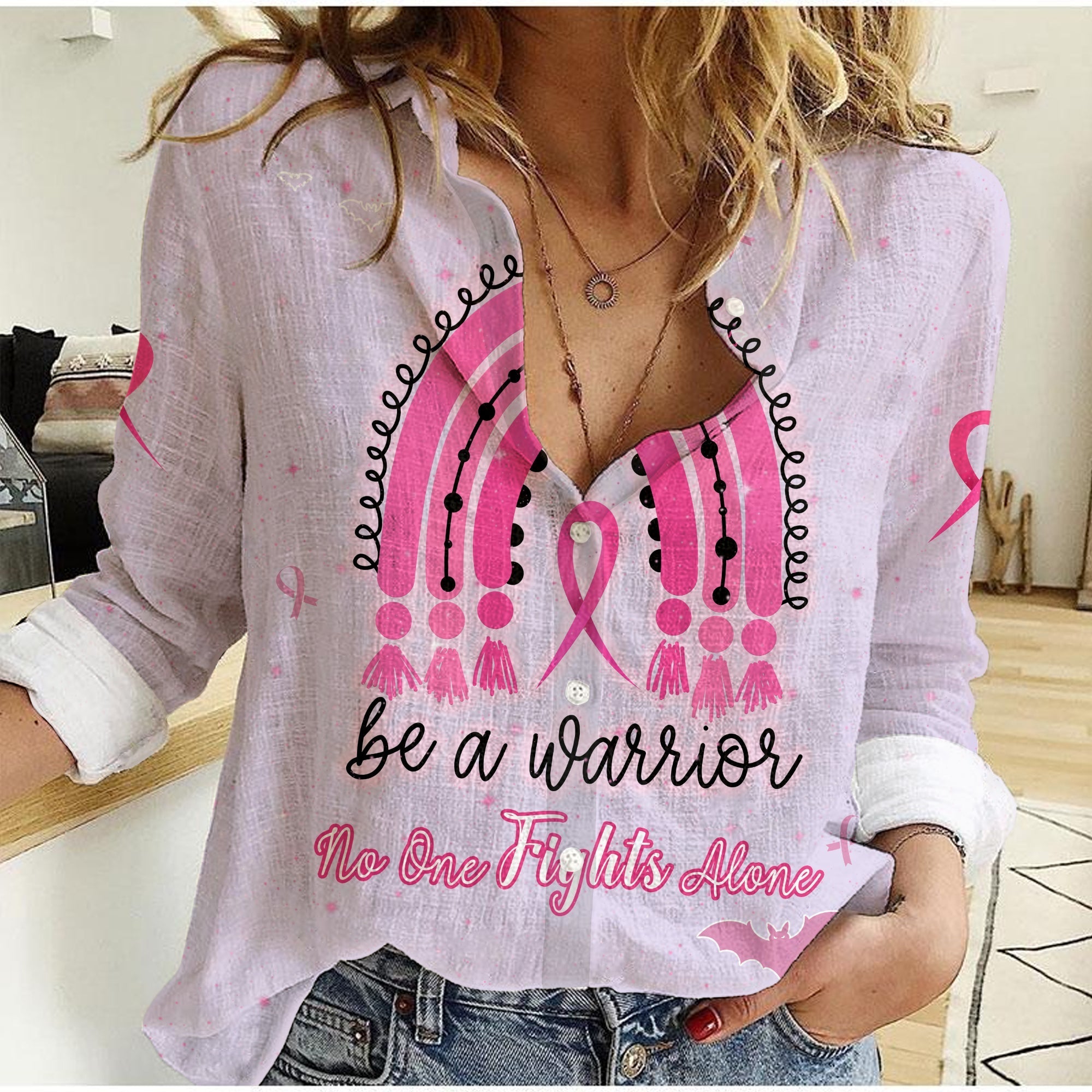 custom-personalised-breast-cancer-women-casual-shirt-rainbow-be-a-warrior-no-one-fights-alone