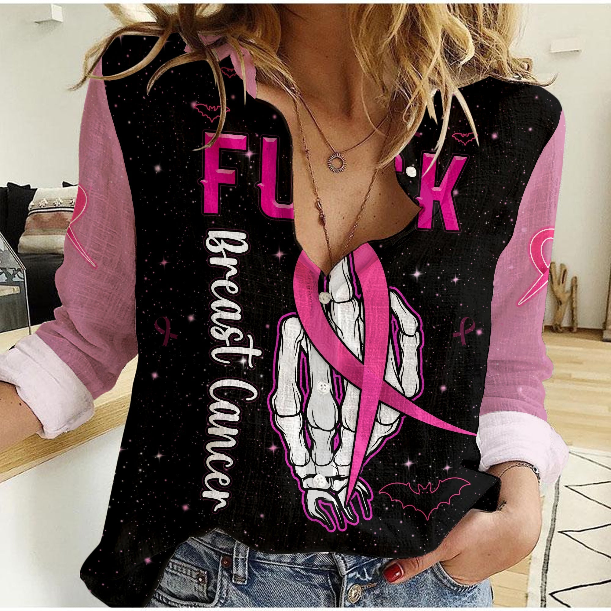 custom-personalised-breast-cancer-women-casual-shirt-skull-finger-fuckkk-breast-cancer-black-ver01