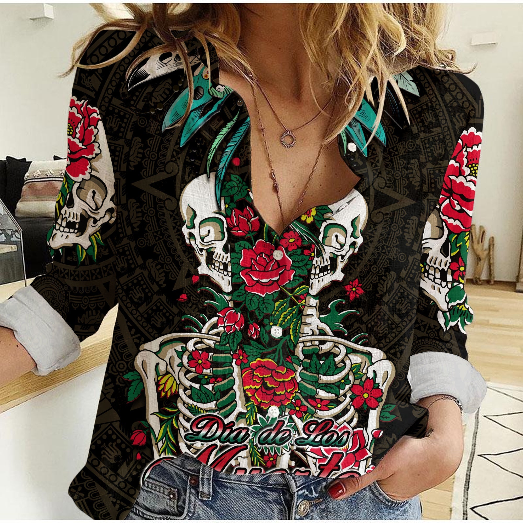 mexico-women-casual-shirt-floral-skull-dia-de-los-muertos