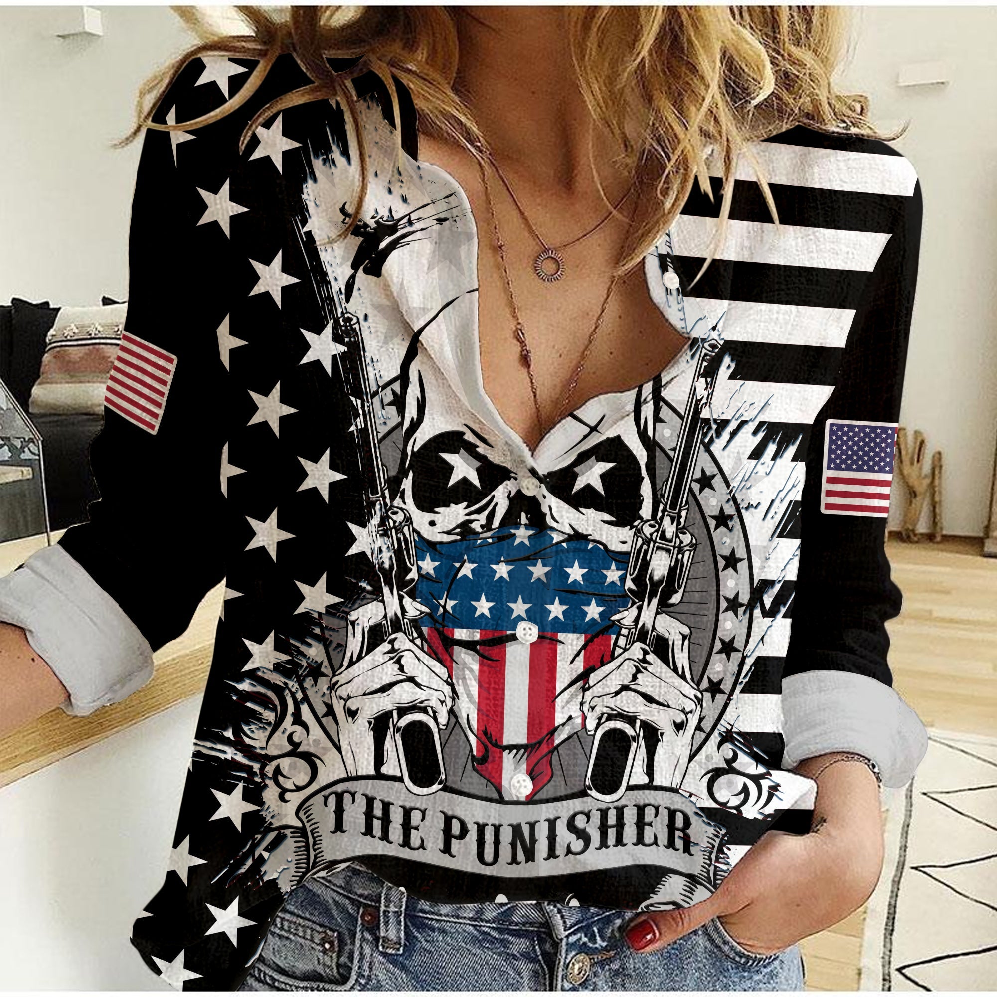 custom-personalised-america-women-casual-shirt-american-flag-punisher-skull-grunge-style