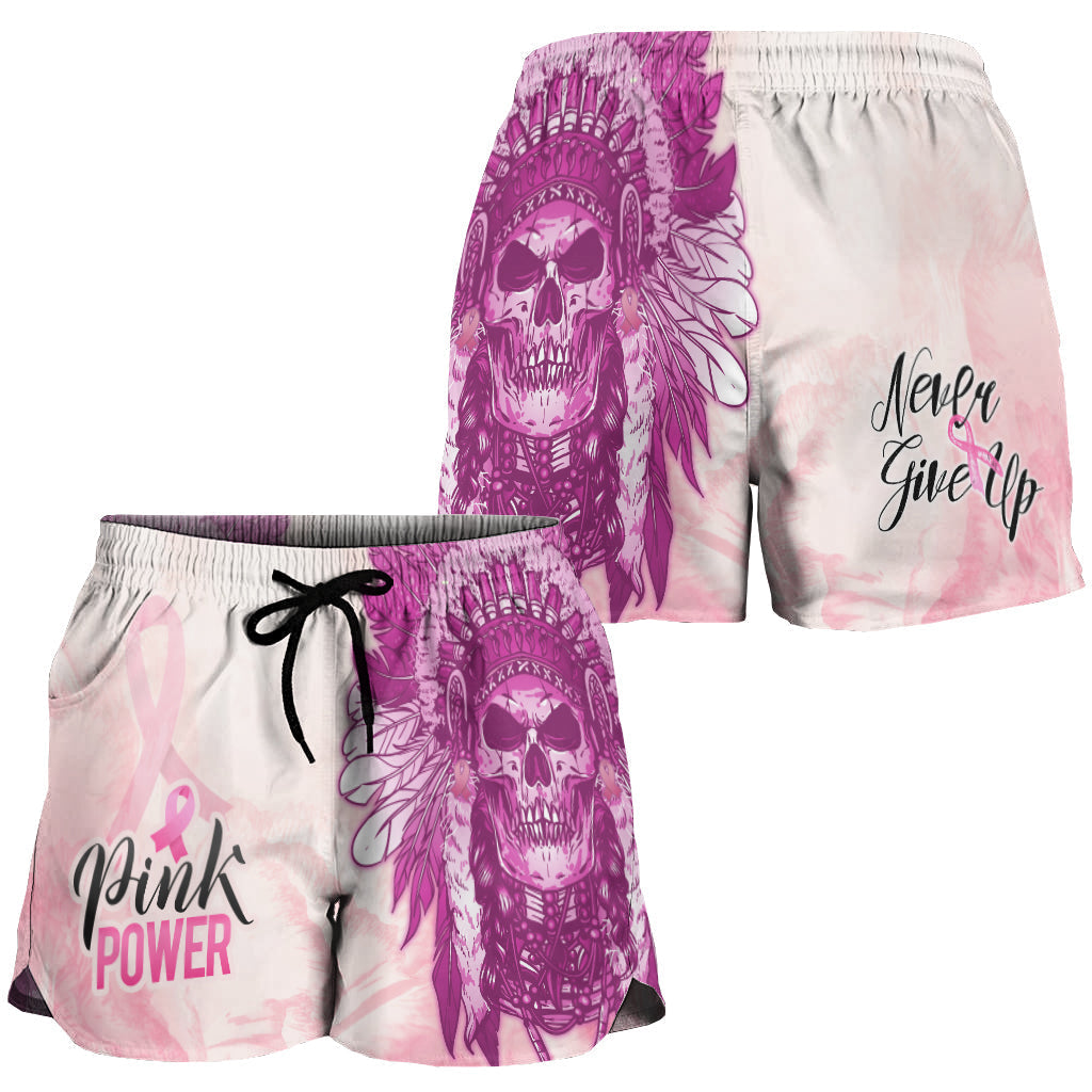 pink-power-breast-cancer-women-shorts-never-give-up-native-american-skull