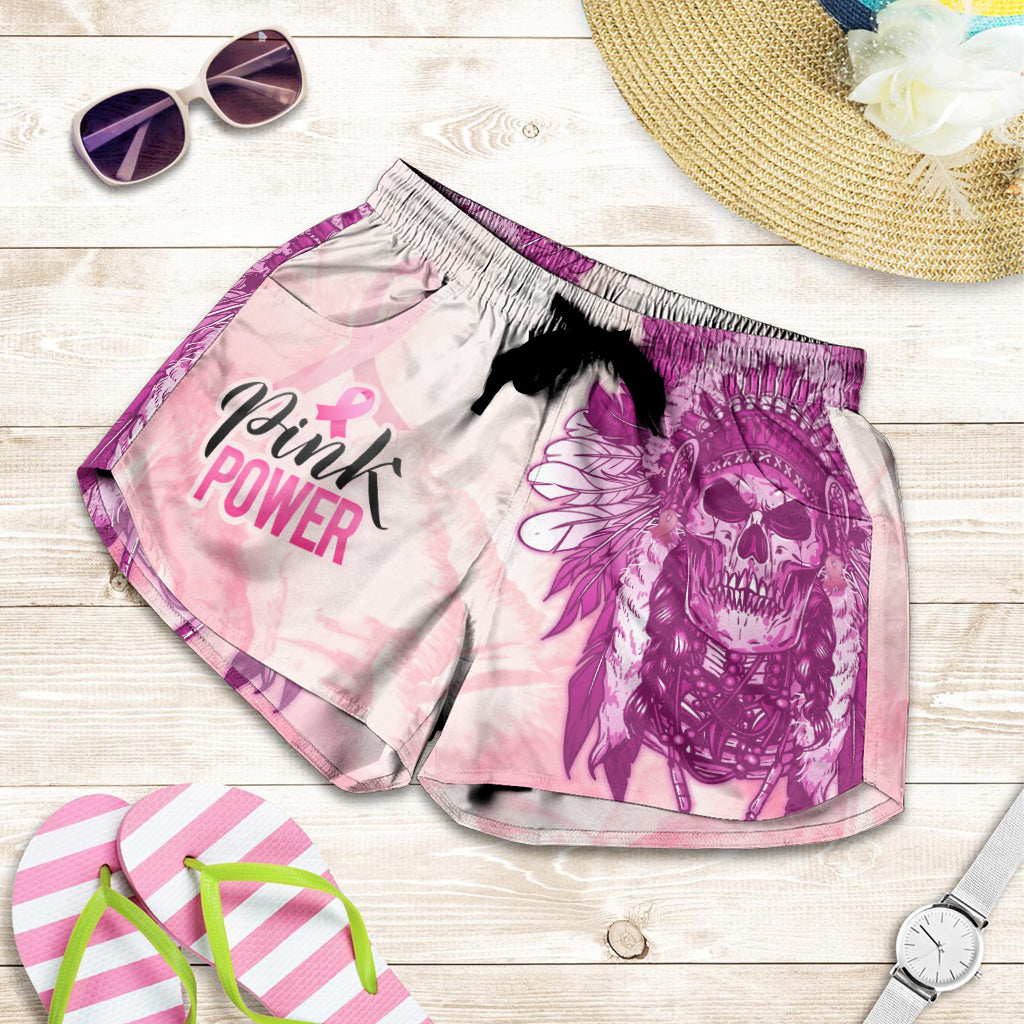 pink-power-breast-cancer-women-shorts-never-give-up-native-american-skull