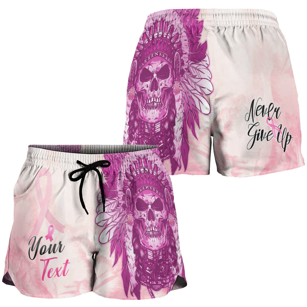 custom-personalised-pink-power-breast-cancer-women-shorts-never-give-up-native-american-skull