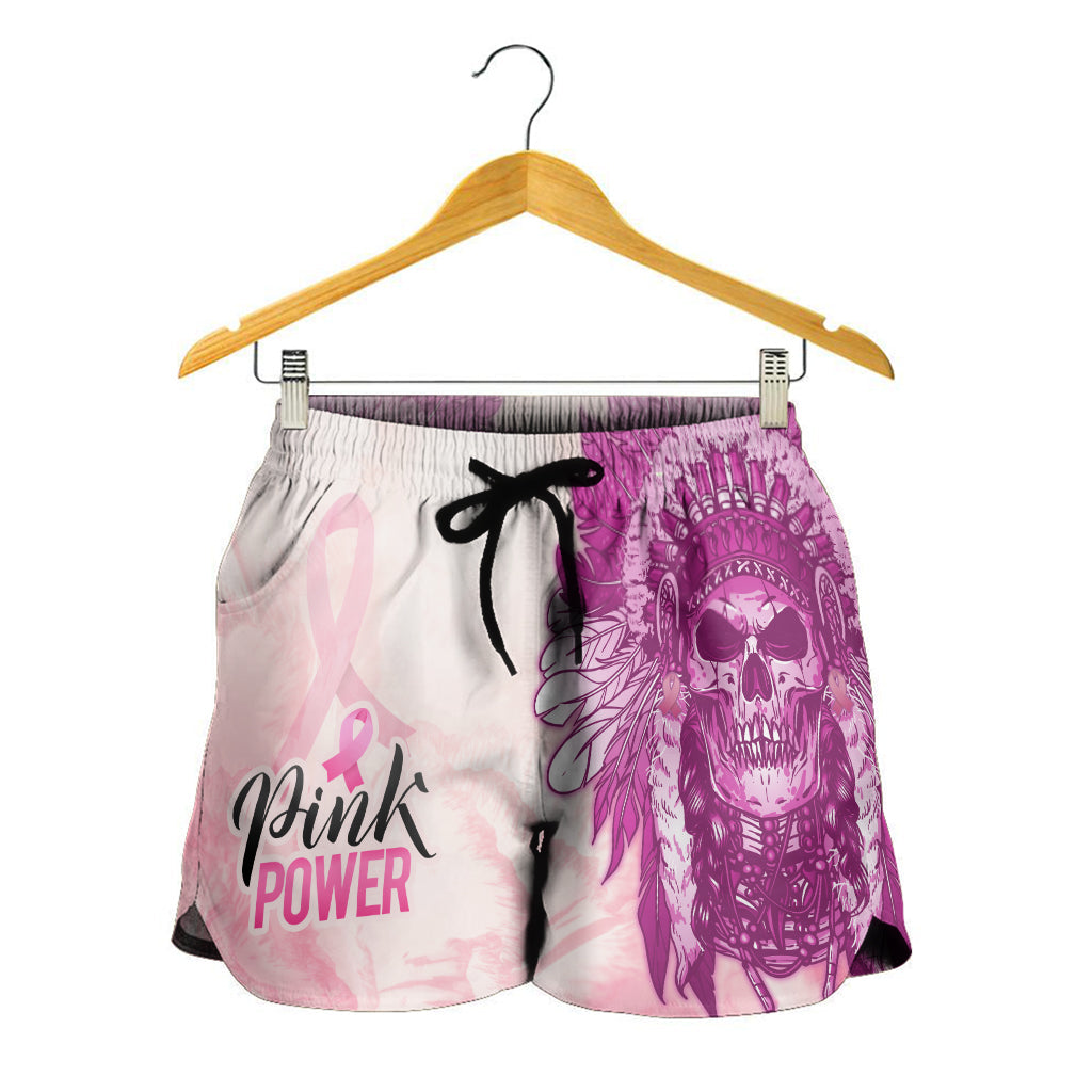 pink-power-breast-cancer-women-shorts-never-give-up-native-american-skull