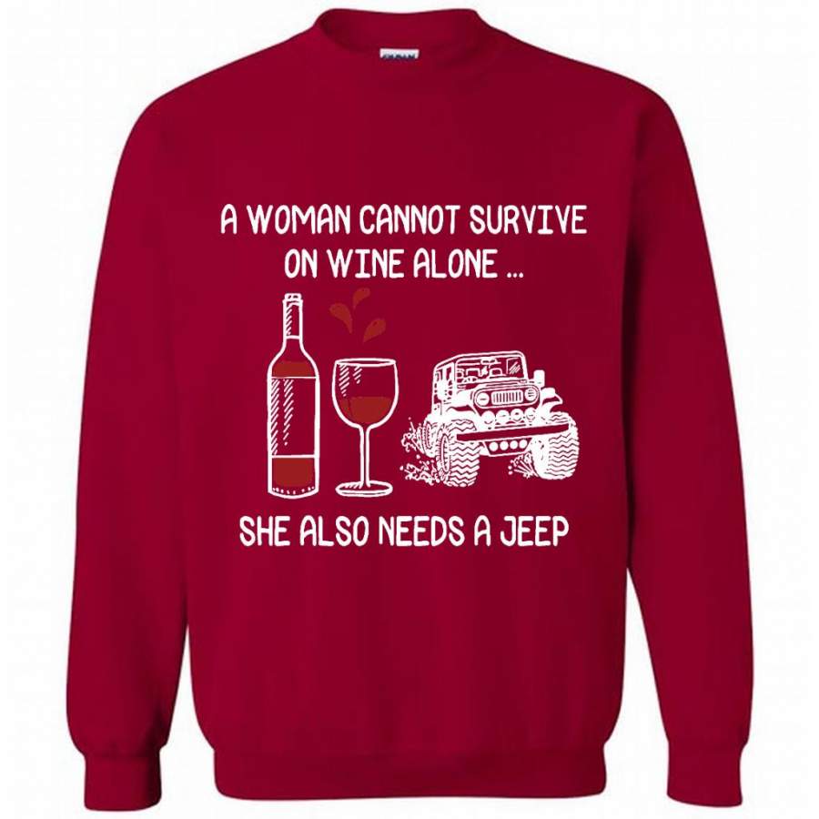 a-woman-cannot-survive-on-wine-alone-she-also-needs-a-jeep-gildan-crewneck-sweatshirt