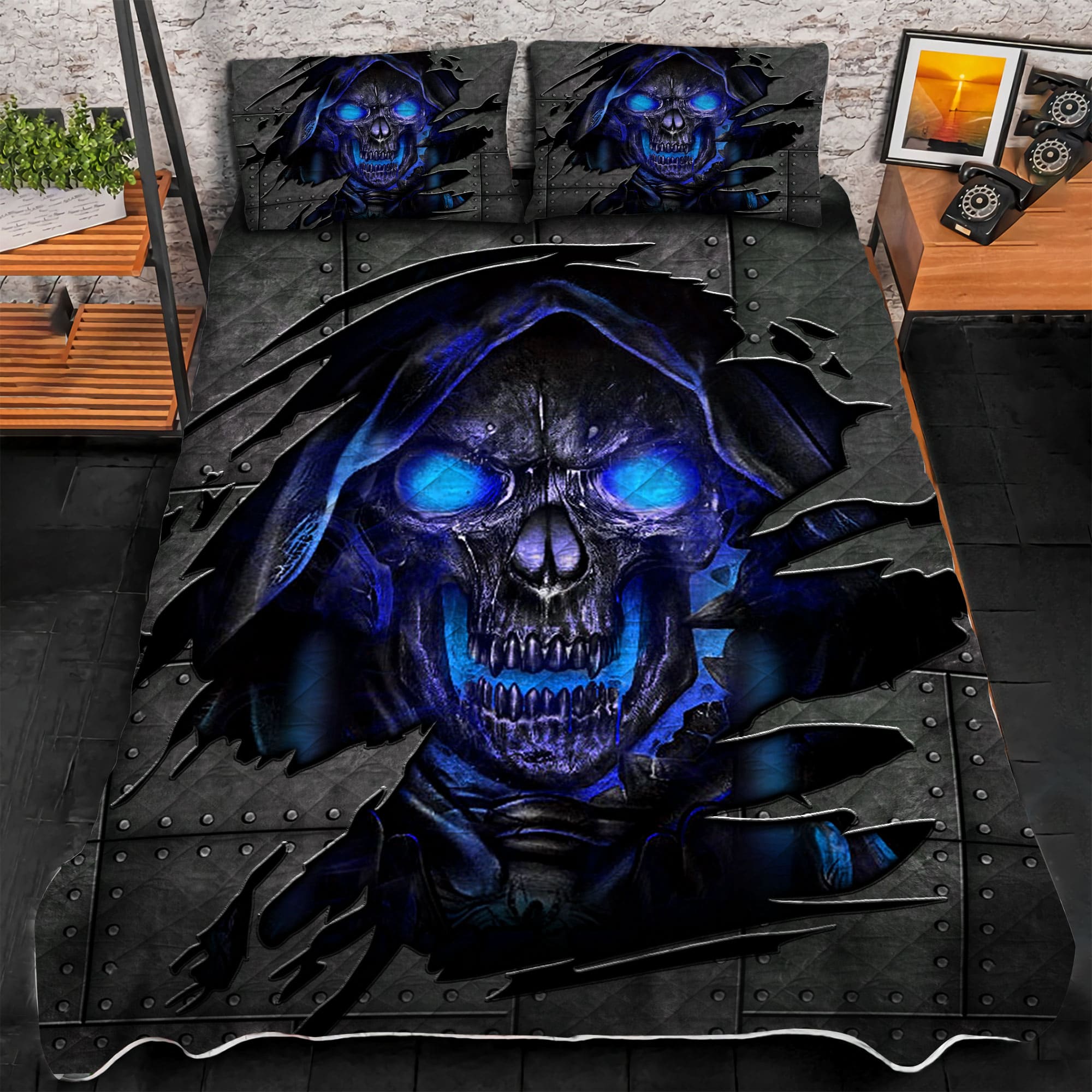 Premium Cracked Lava Skull 3D Quilt Bedding Set Multicolored