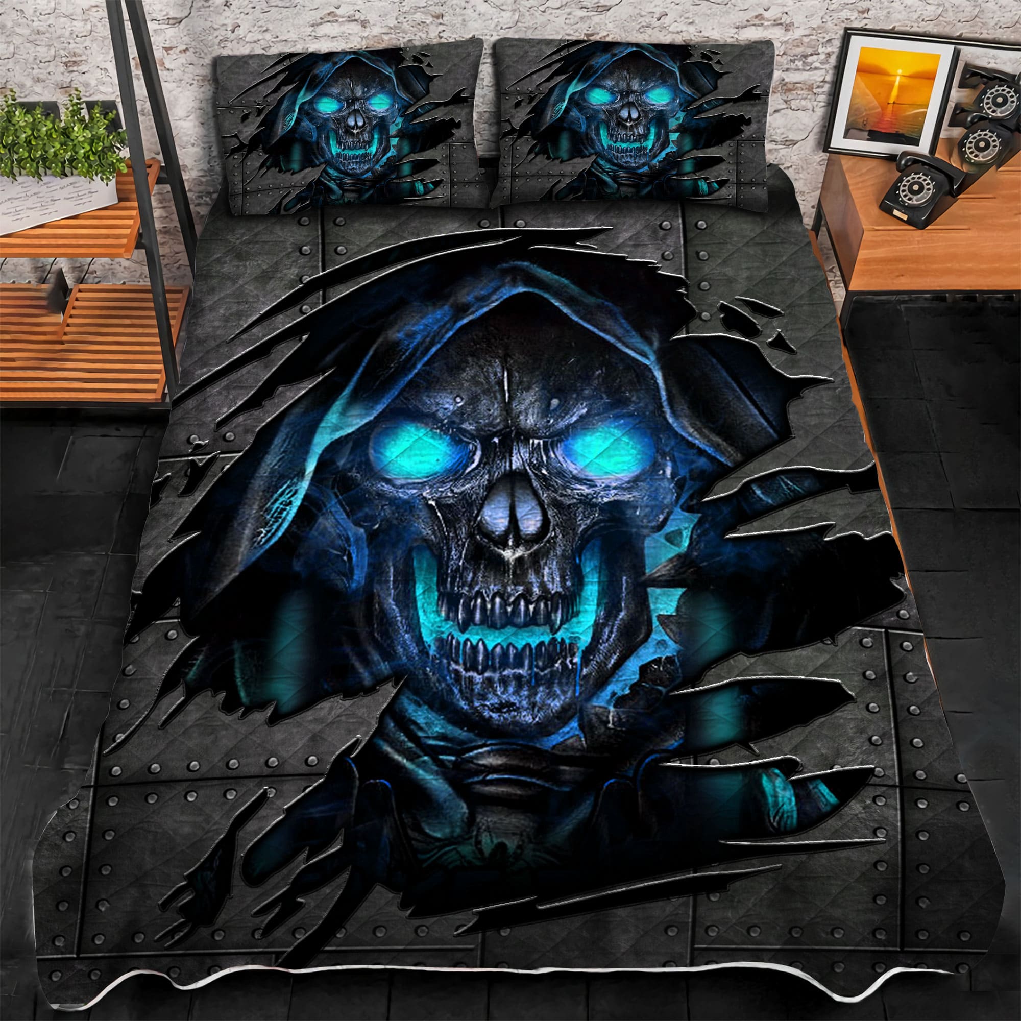 Premium Cracked Lava Skull 3D Quilt Bedding Set Multicolored