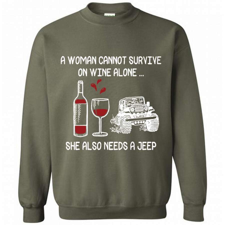 a-woman-cannot-survive-on-wine-alone-she-also-needs-a-jeep-gildan-crewneck-sweatshirt