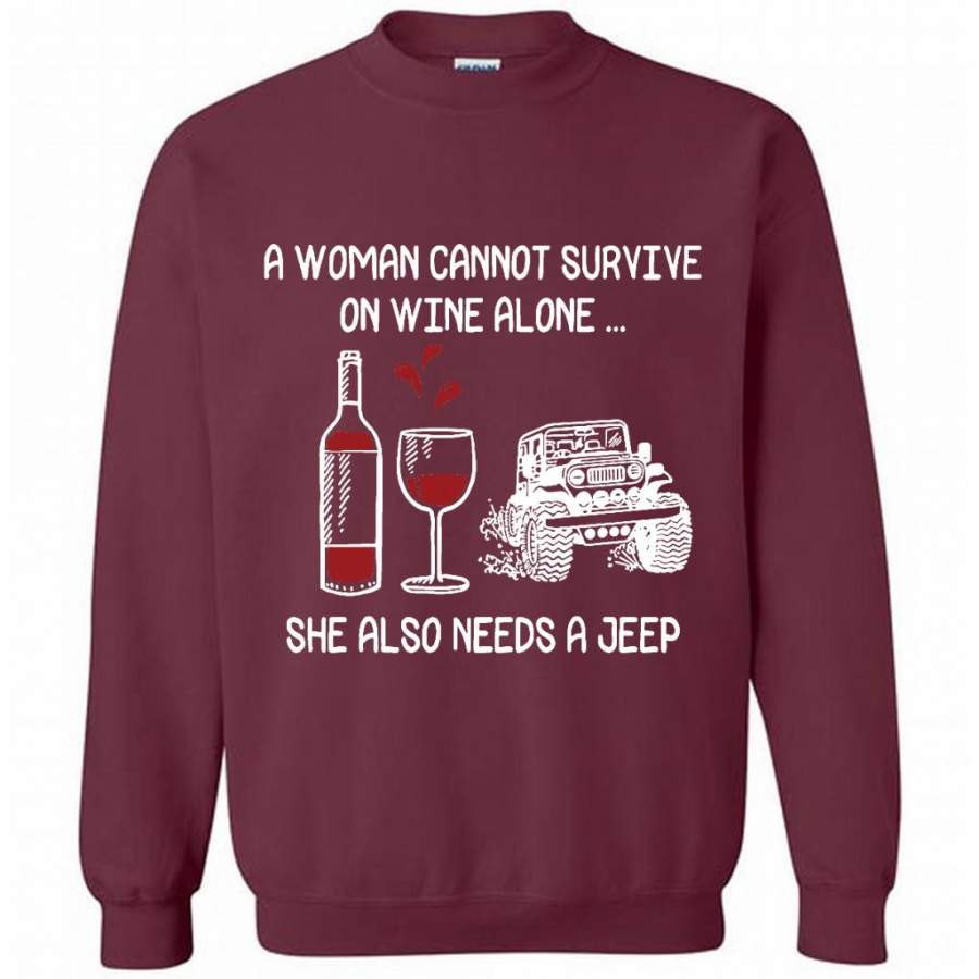 a-woman-cannot-survive-on-wine-alone-she-also-needs-a-jeep-gildan-crewneck-sweatshirt