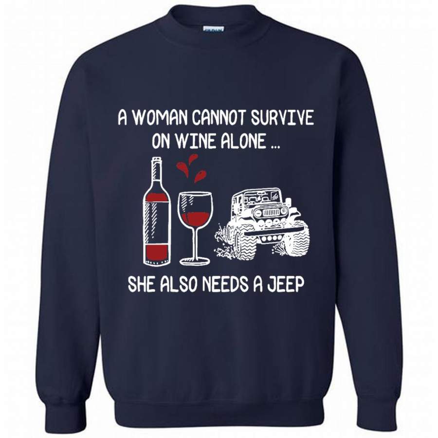 a-woman-cannot-survive-on-wine-alone-she-also-needs-a-jeep-gildan-crewneck-sweatshirt