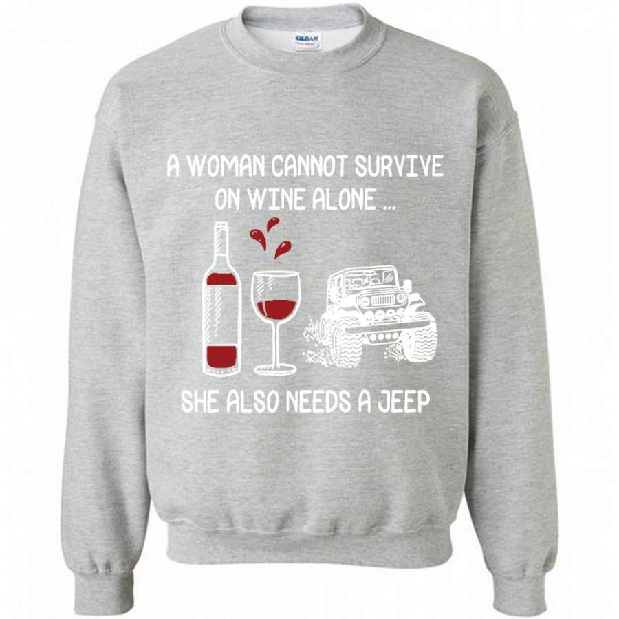 a-woman-cannot-survive-on-wine-alone-she-also-needs-a-jeep-gildan-crewneck-sweatshirt