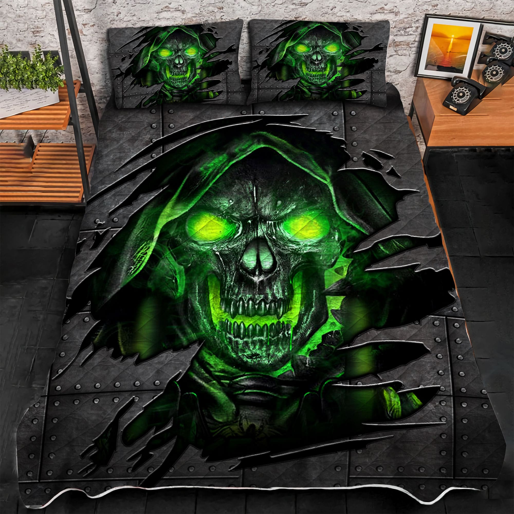 Premium Cracked Lava Skull 3D Quilt Bedding Set Multicolored