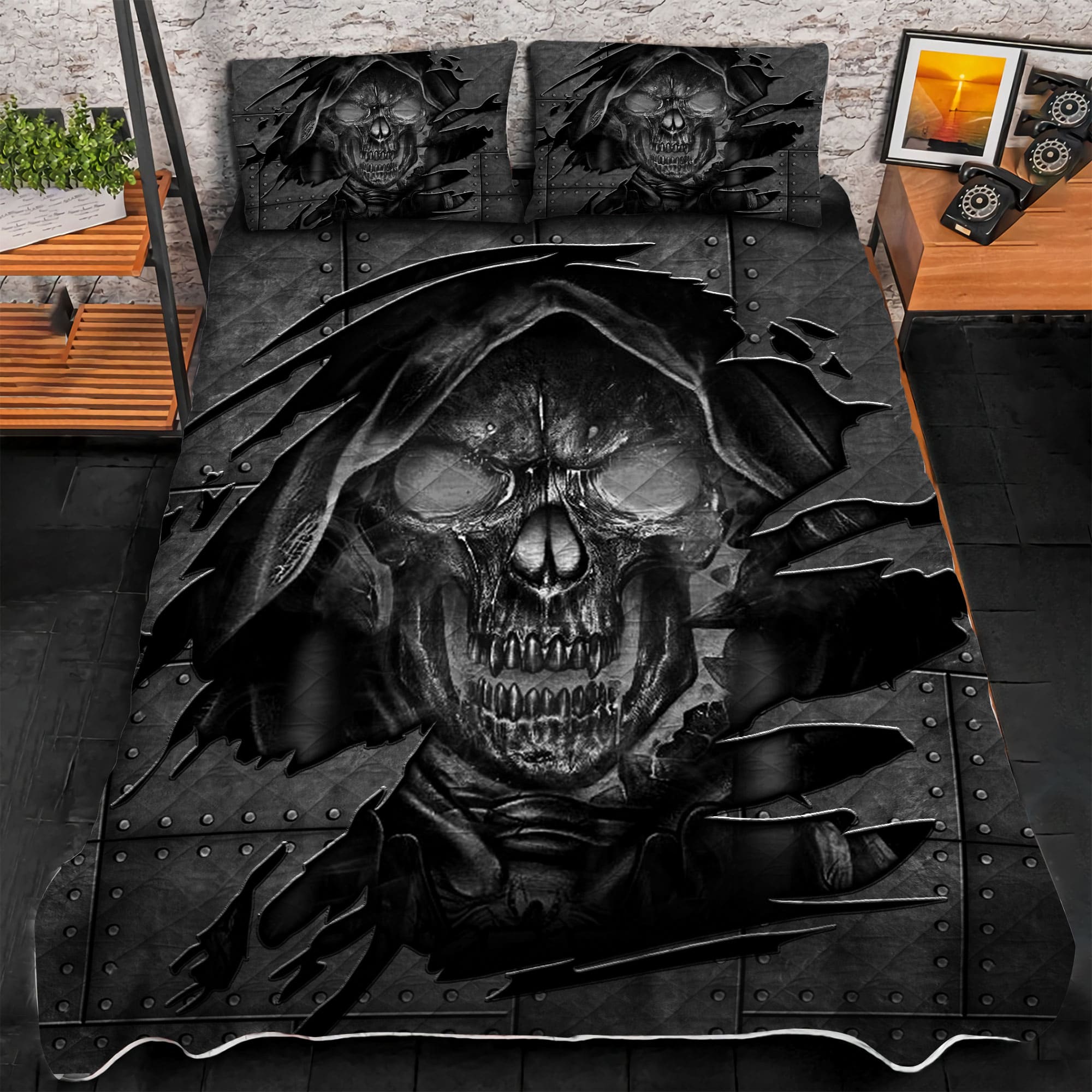 Premium Cracked Lava Skull 3D Quilt Bedding Set Multicolored