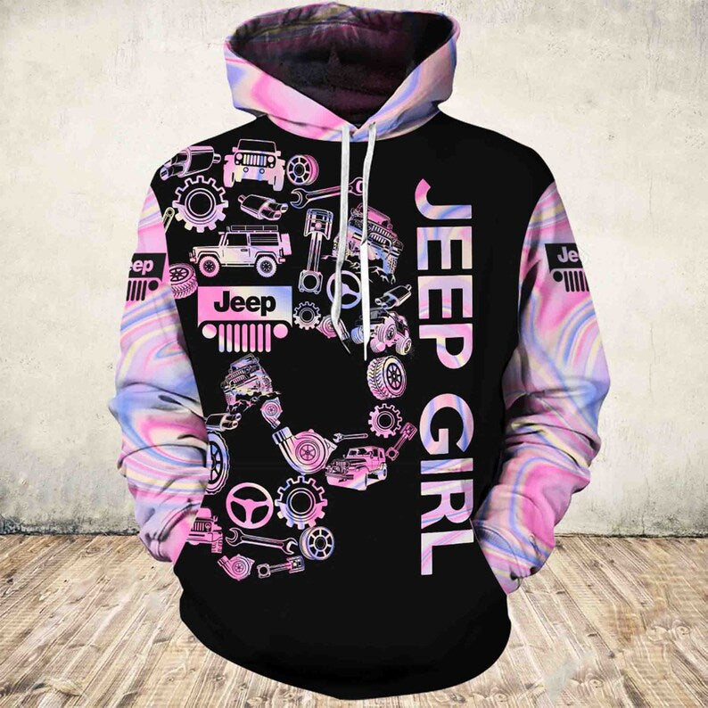 Black Jeep Girl Pink Floral Skull Hoodie 3D All Over Print LT11