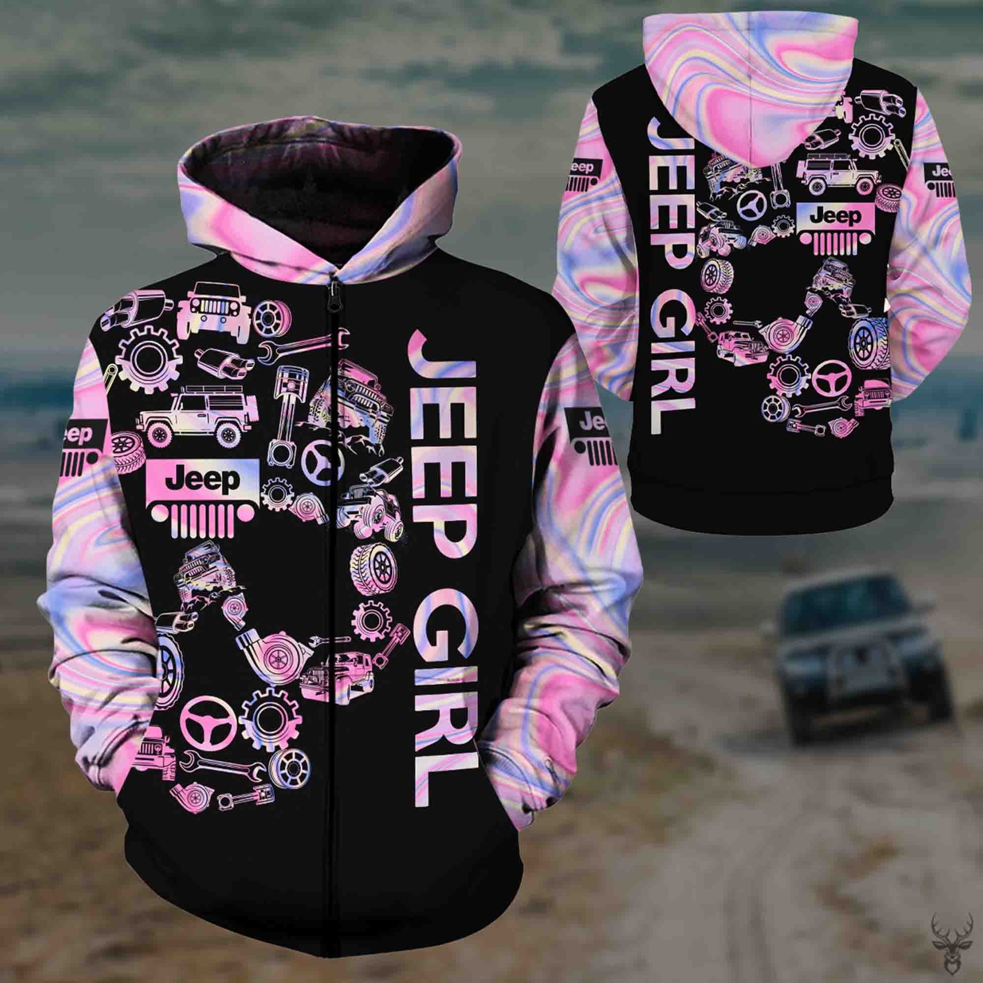 Black Jeep Girl Pink Floral Skull Hoodie 3D All Over Print LT11