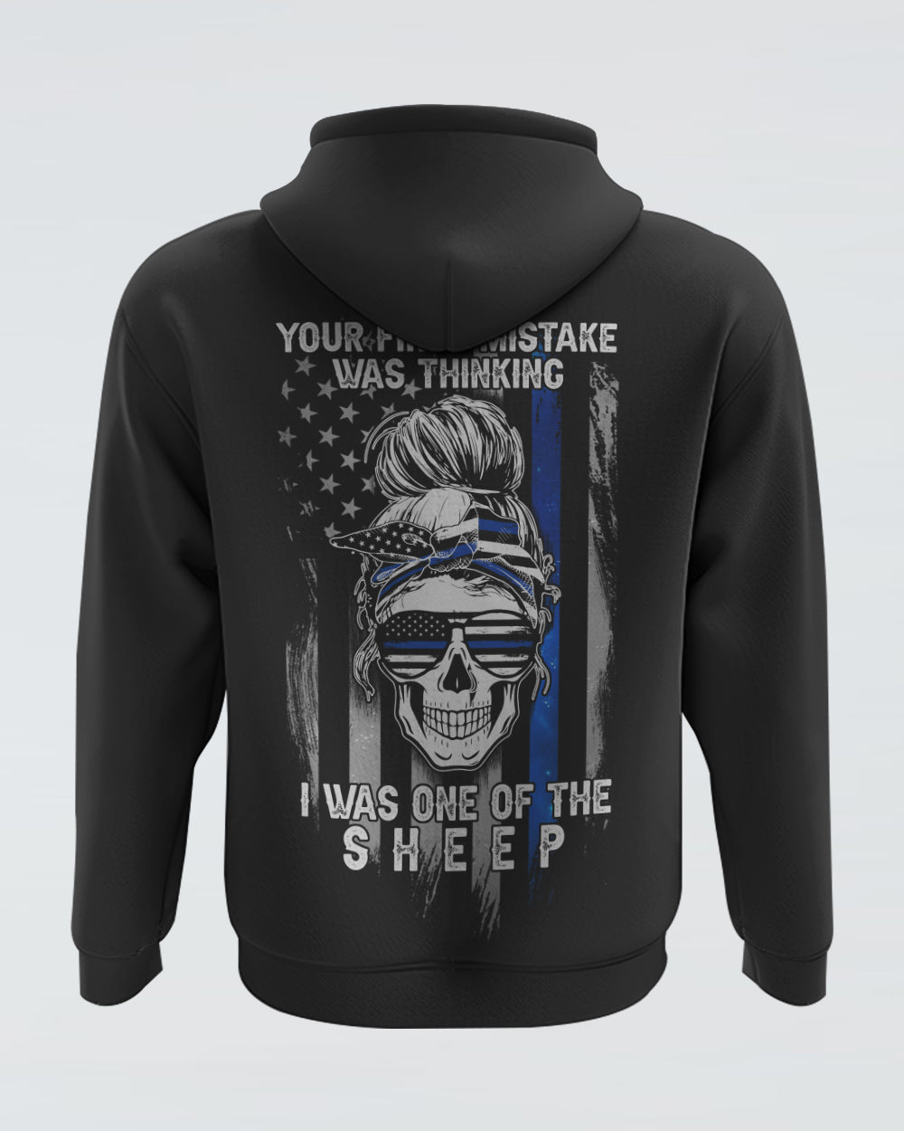 your-first-mistake-was-thinking-thin-blue-line-messy-bun-womens-skull-hoodie