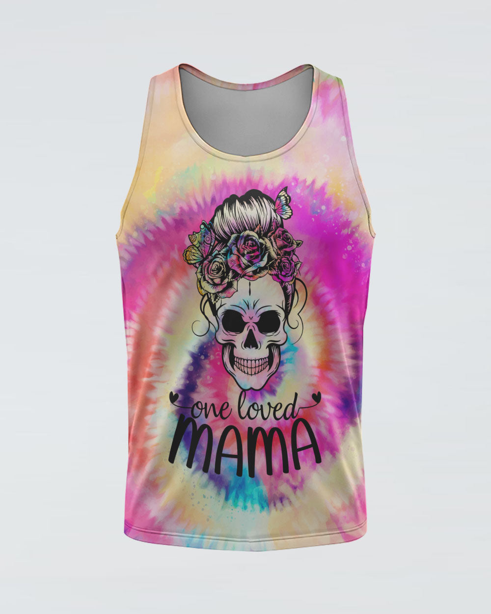 one-loved-mama-messy-bun-tie-dye-womens-skull-tank-top