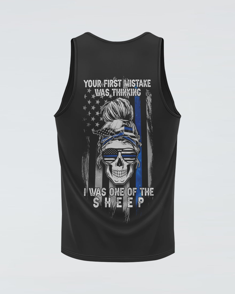 your-first-mistake-was-thinking-thin-blue-line-messy-bun-womens-skull-tank-top