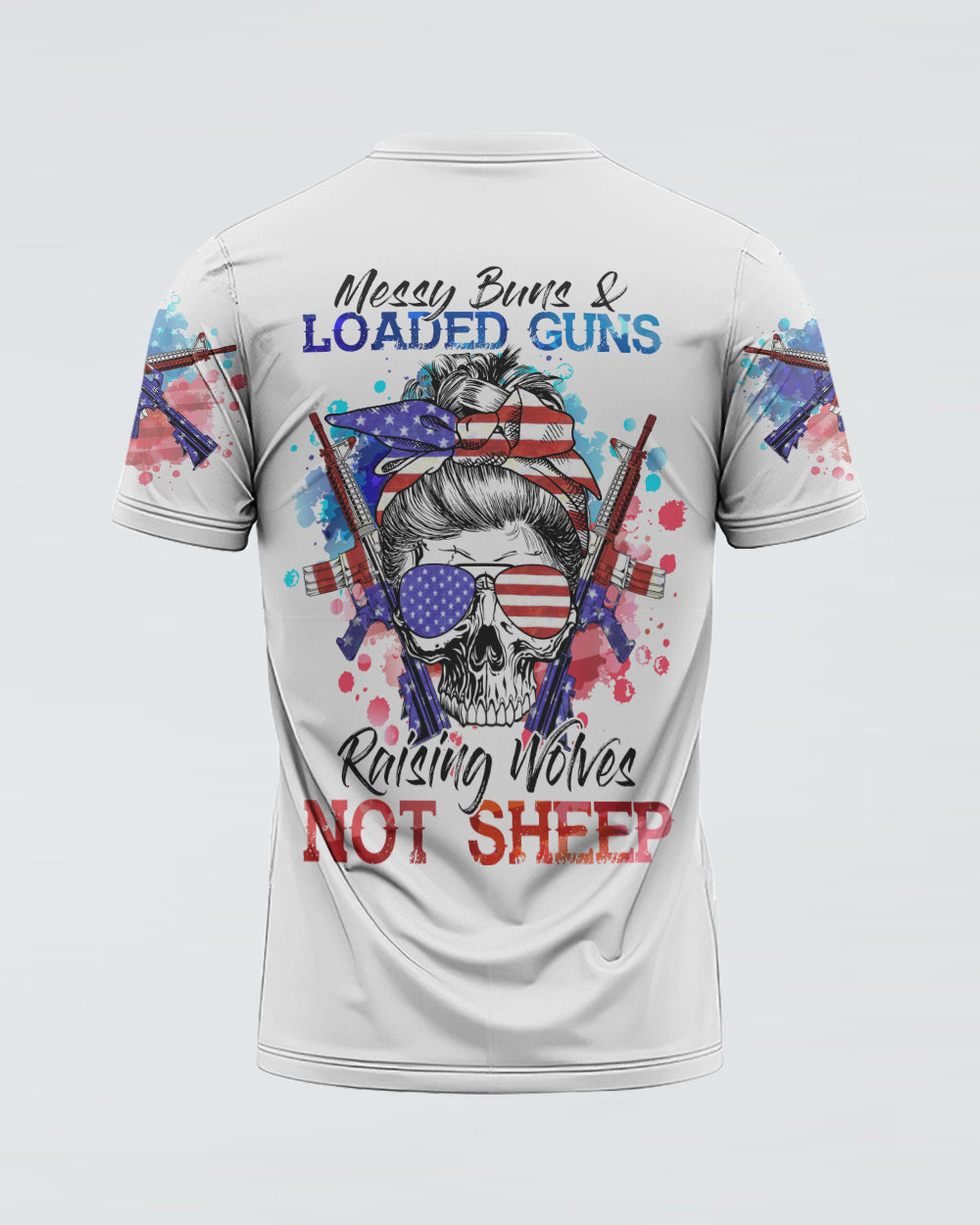 messy-bun-and-loaded-guns-skull-headband-womens-patriotic-t-shirt