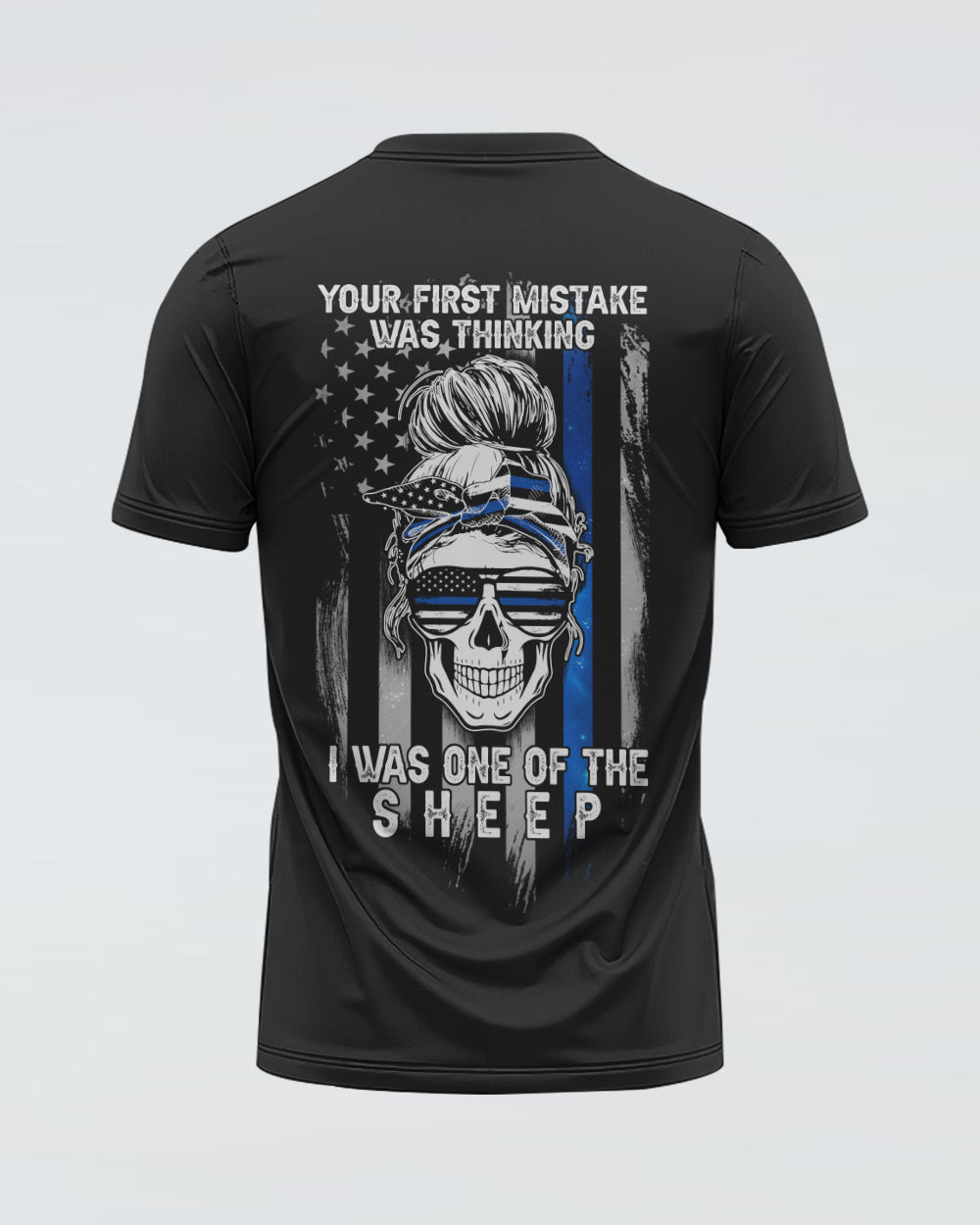 your-first-mistake-was-thinking-thin-blue-line-messy-bun-womens-skull-t-shirt