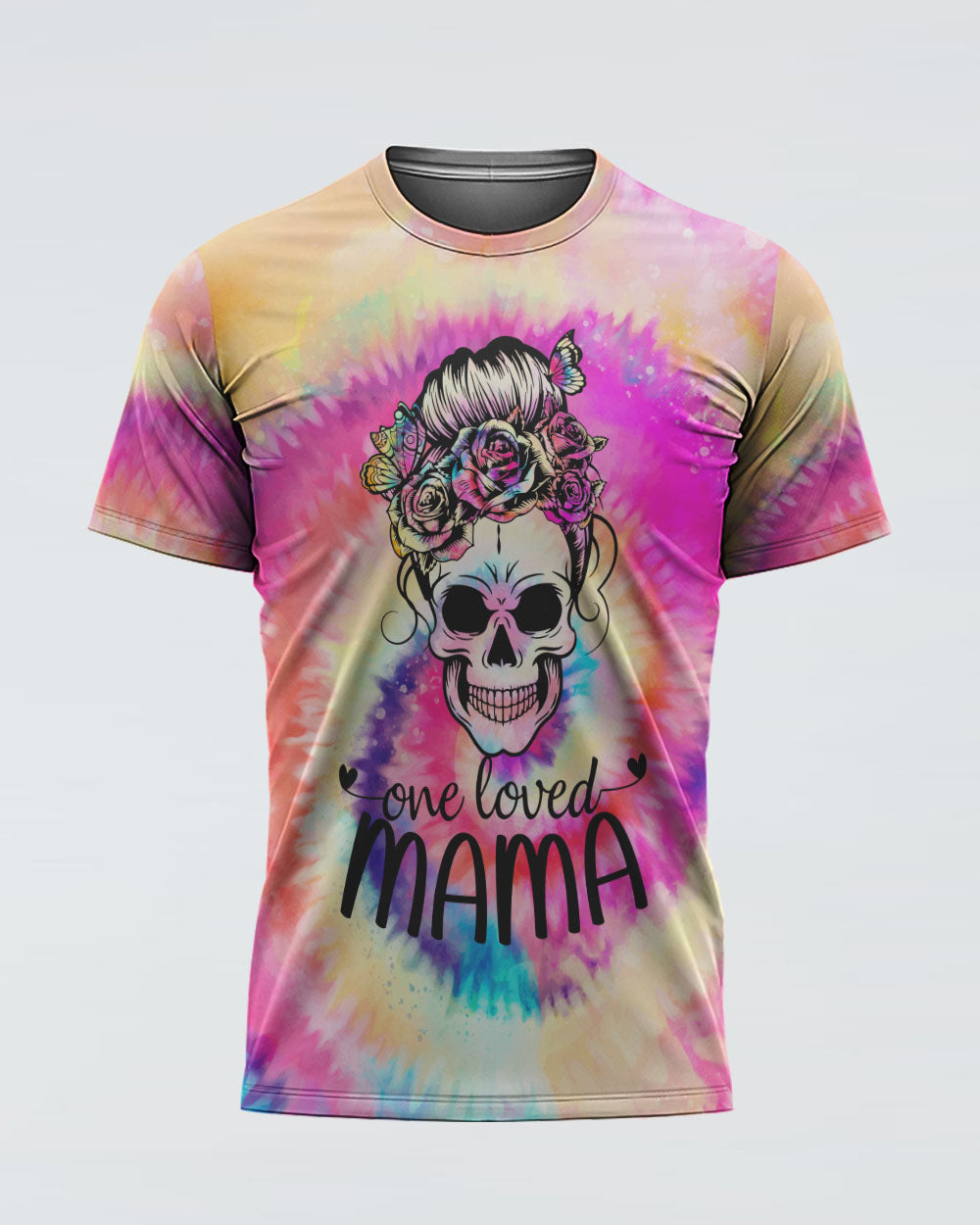 one-loved-mama-messy-bun-tie-dye-womens-skull-t-shirt