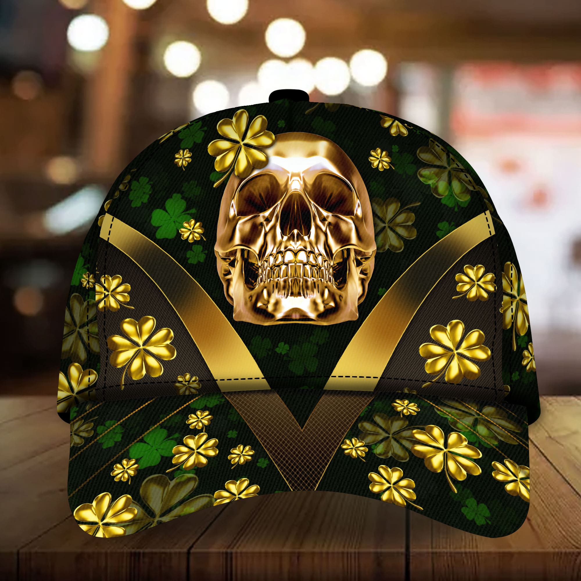 Premium Unique Cap Golden Skull Green Irish Shamrock Patrick's Day Full Printed 3D Hat