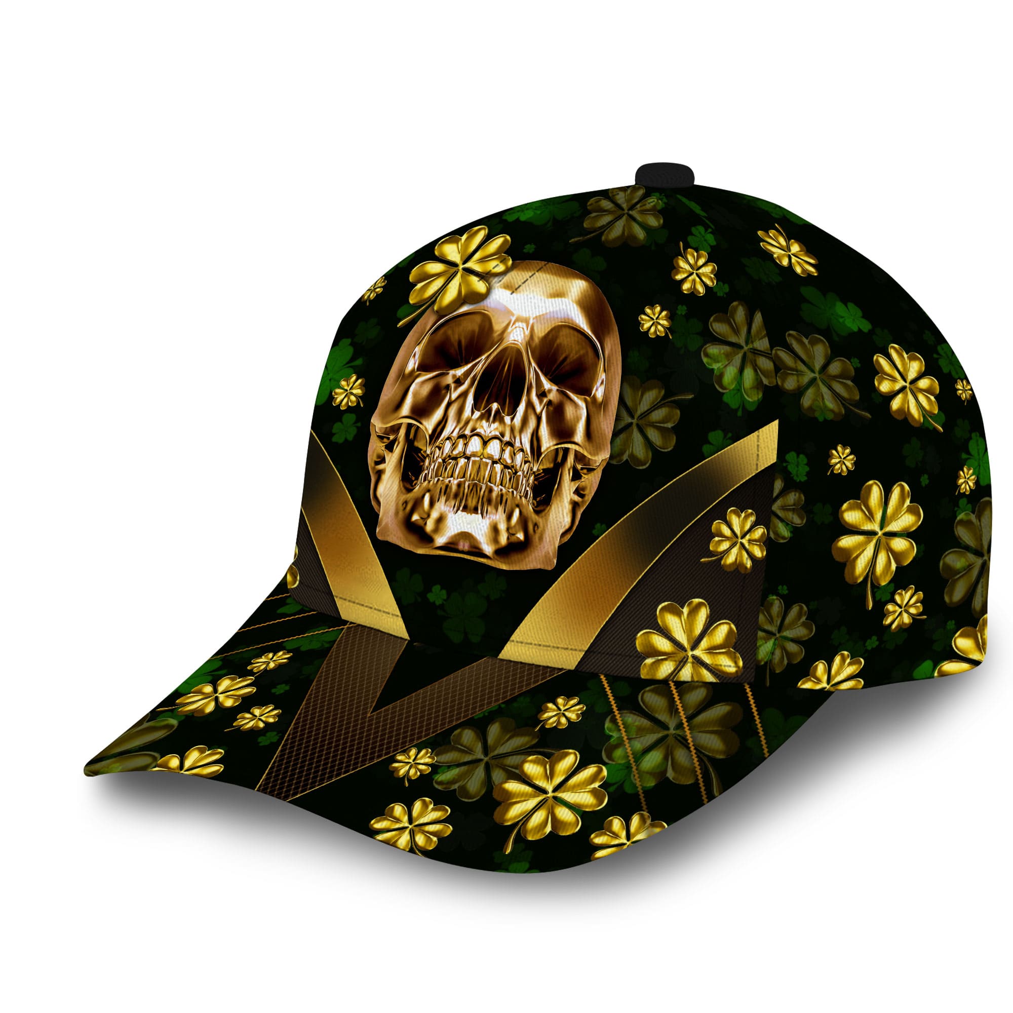 Premium Unique Cap Golden Skull Green Irish Shamrock Patrick's Day Full Printed 3D Hat