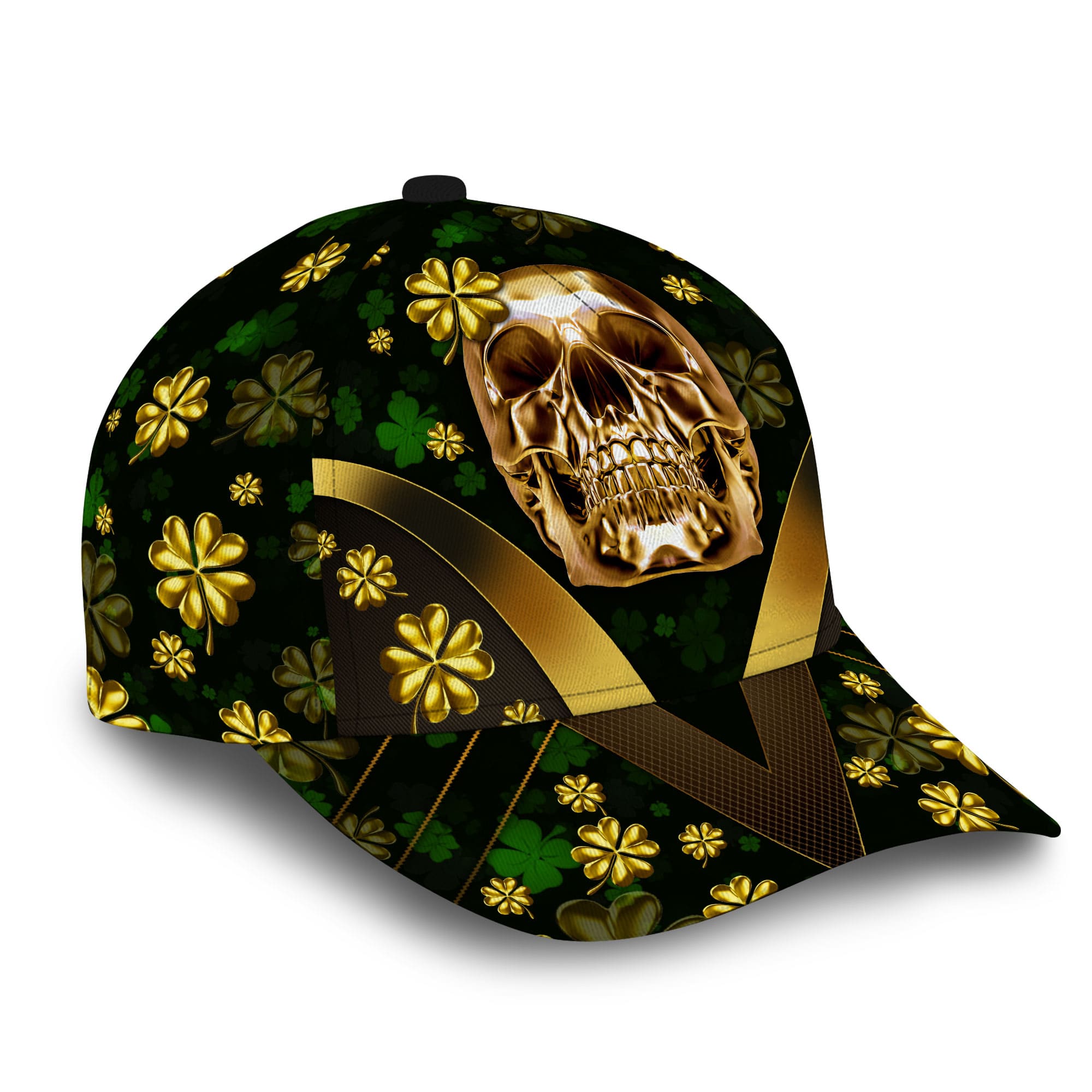 Premium Unique Cap Golden Skull Green Irish Shamrock Patrick's Day Full Printed 3D Hat