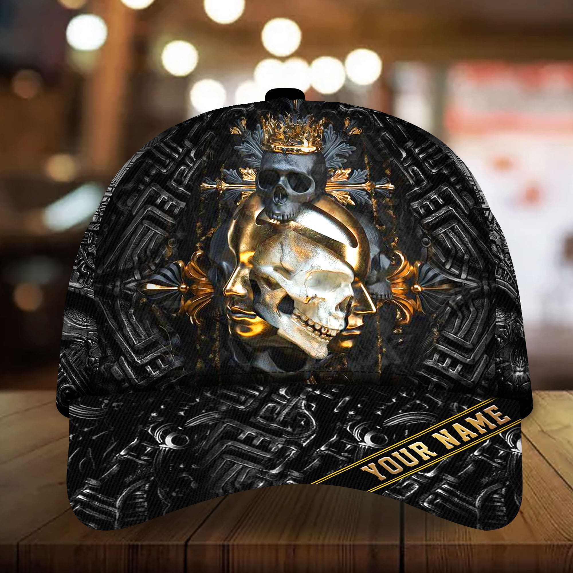 Premium Unique Black Skull Pattern Golden Skull Face Personalized Full Printed 3D Hat