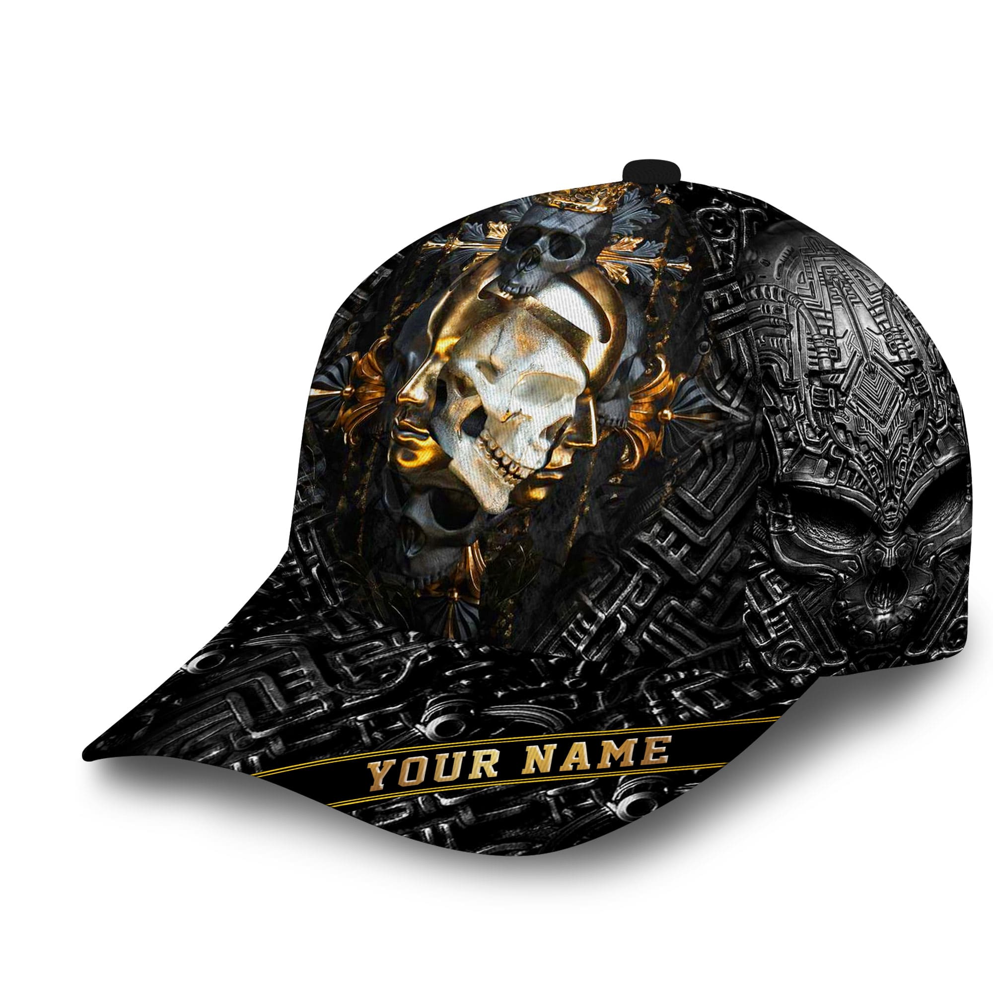 Premium Unique Black Skull Pattern Golden Skull Face Personalized Full Printed 3D Hat