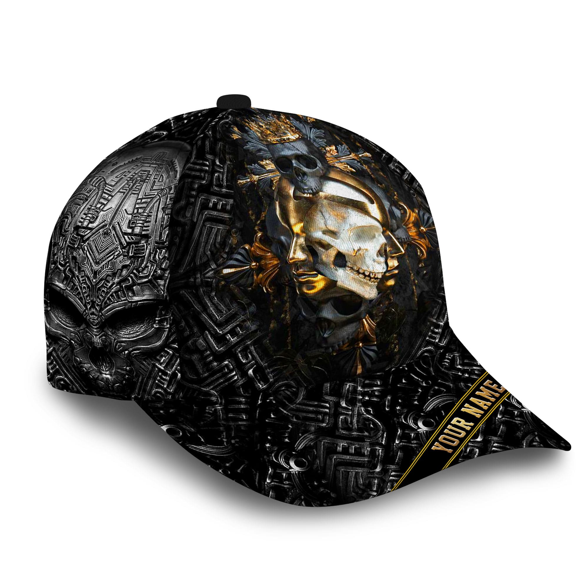 Premium Unique Black Skull Pattern Golden Skull Face Personalized Full Printed 3D Hat